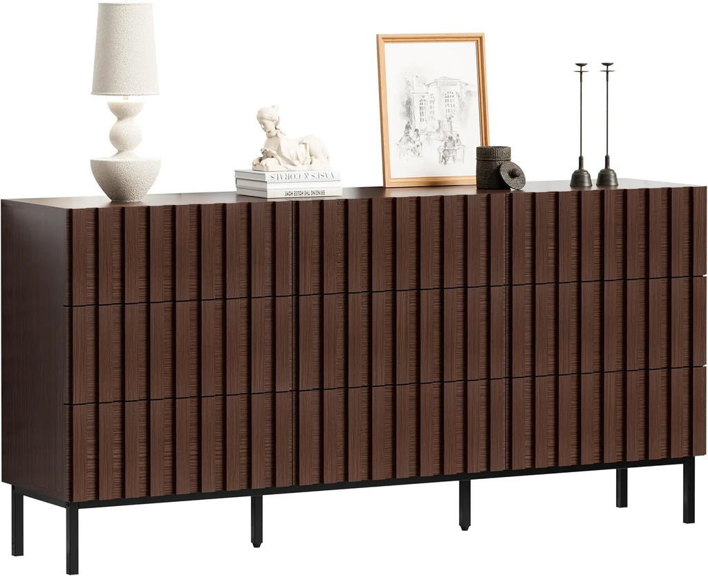UEV Komoda z 9 szufladami 150 cm, wąska komoda, duża przestrzeń do przechowywania, szafa z dużym sufitem, do salonu, sypialni, biura, metalowych nóżek, 150 x 34 x 72 cm, orzech