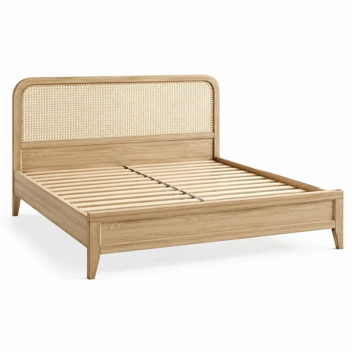 Cama doble de madera con tejido de ratán, color natural, superficie de descanso 160 × 200 cm, dimensiones totales 215 × 168 × 110 cm, incluye somier