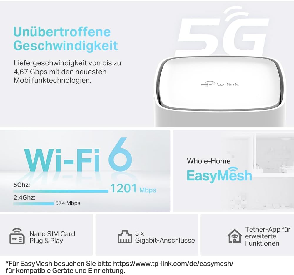 Router LTE inalámbrico TP-Link Archer NX200, router 5G para tarjeta SIM, Wi-Fi 6 de doble banda AX1800, 3 puertos Gigabit, MU-MIMO, gestión mediante web y aplicación, Plug-and-Play
