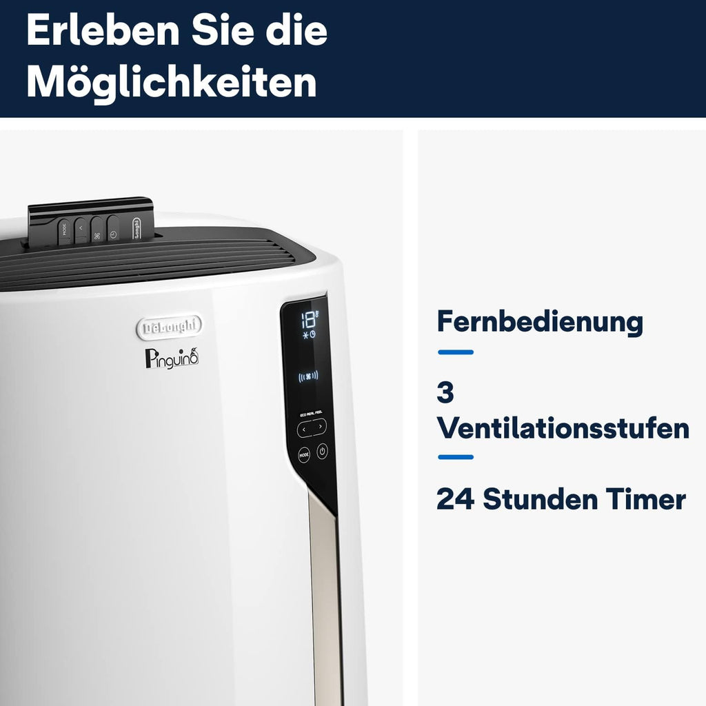 De'Longhi Pinguino PAC EM82, aire acondicionado portátil para habitaciones de hasta 80 m³, 9.400 BTU, 2,4 kW, 63 dB, función de deshumidificación, clase energética A, temporizador 24 h, blanco