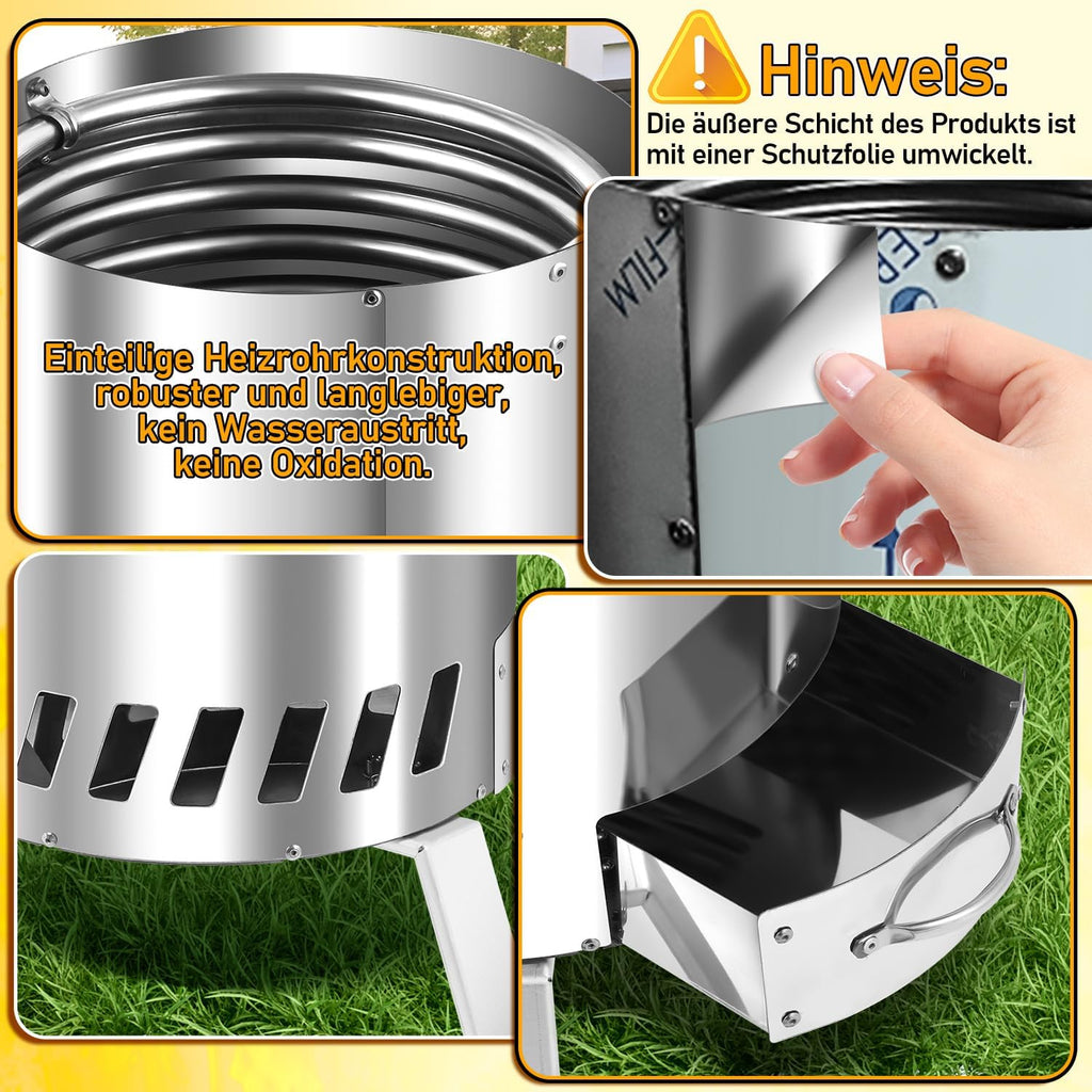 Calentador de piscina de leña Fiqops, calefactor de piscina con fuego, calentador de piscina de acero inoxidable tipo barril, horno para piscina con conexiones de 32-38 mm, calentador de piscina exterior de leña, con alfombrilla ignífuga y bandeja