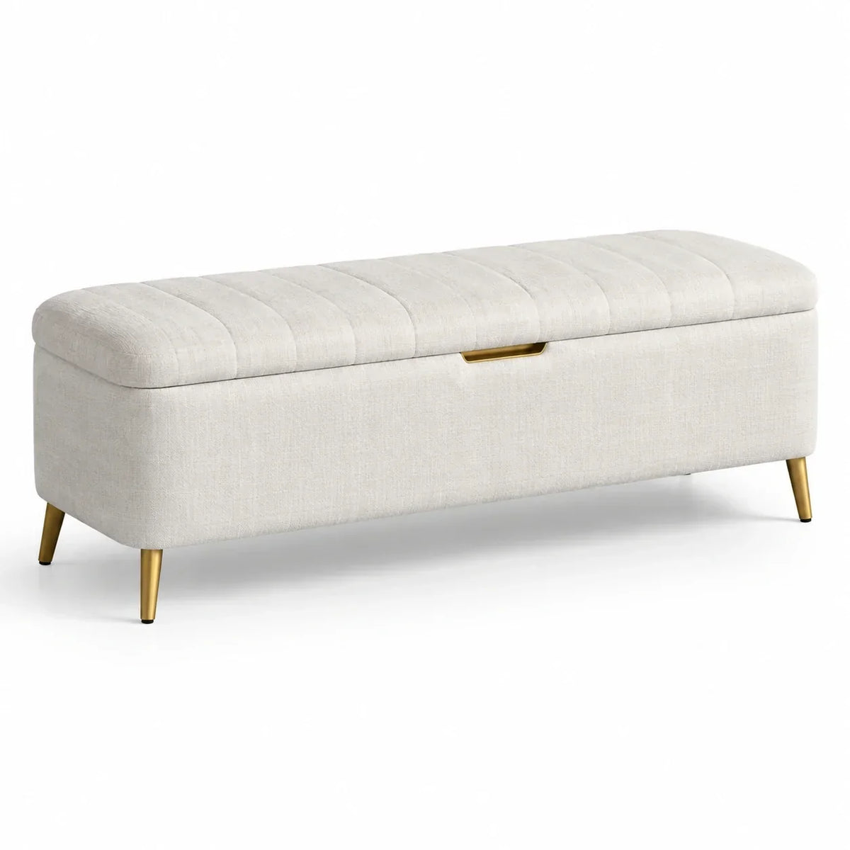 Banco de almacenamiento tapizado beige con patas de metal