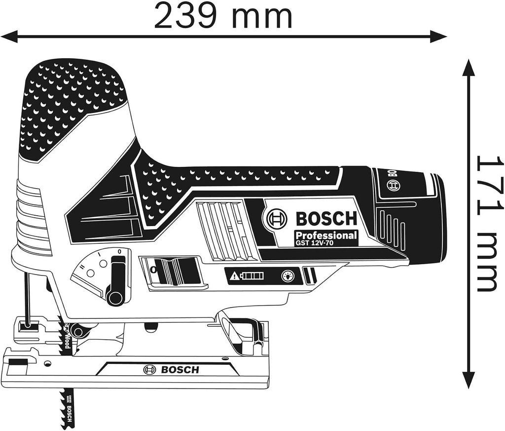 Bosch Professional system 12V: akumulatorowa wyrzynarka GST 12V-70 (2 brzeszczoty, stopka ślizgowa, osłona przeciwodpryskowa, głęb. cięcia w drewnie: 70 mm, walizka L-BOXX)
