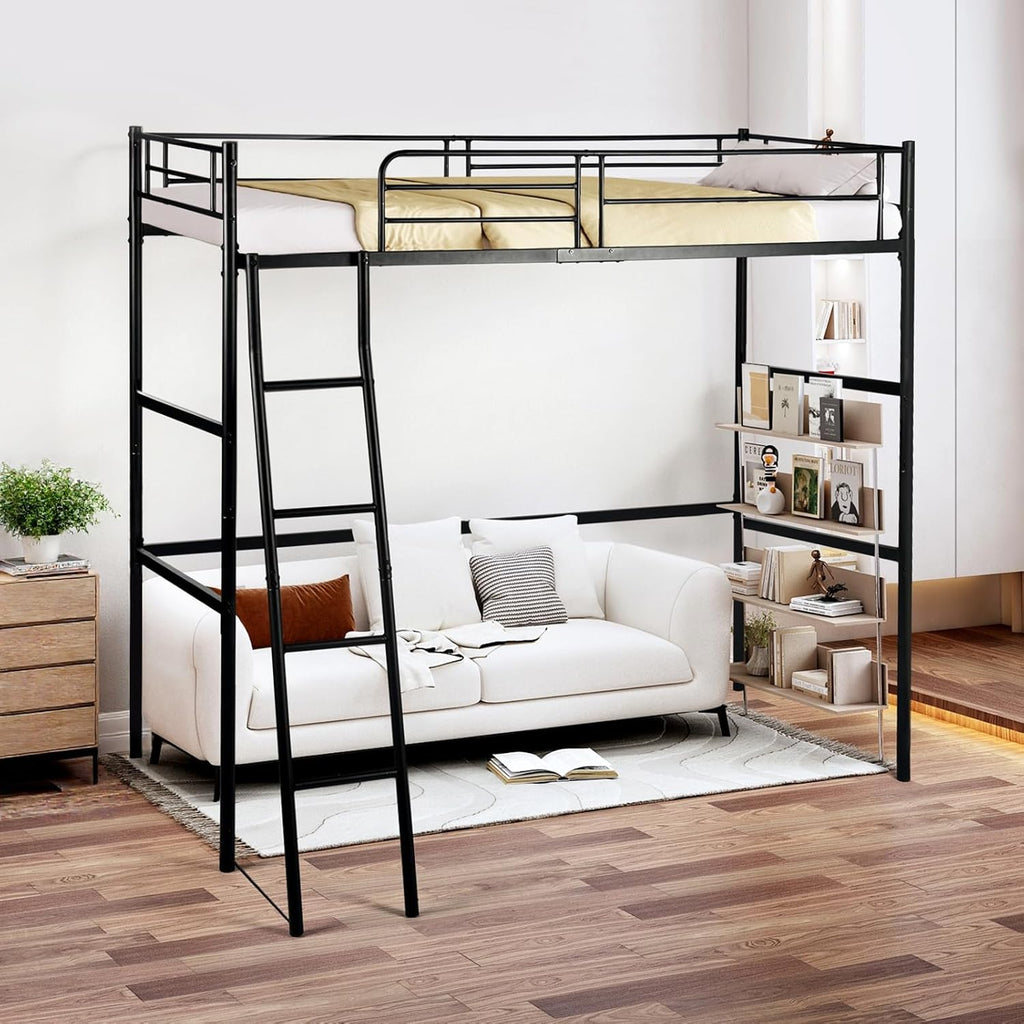 Cama alta de 90x200 cm, estructura de cama infantil, cama de metal, litera con barrera y escalera inclinada, para adultos, adolescentes y niños, negro