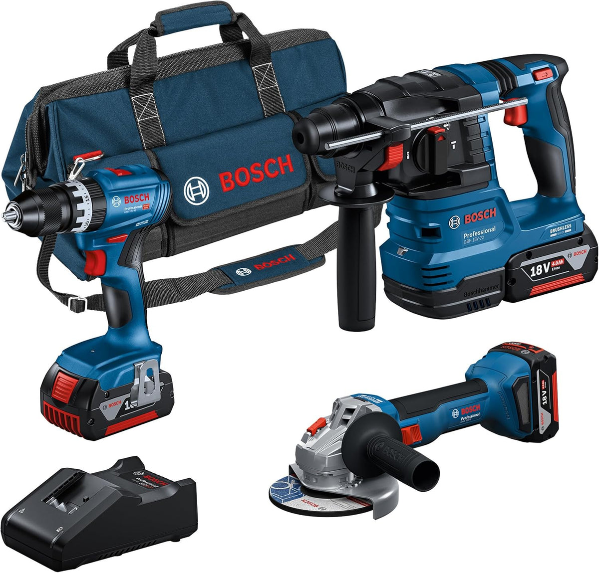 Kit combinado de baterías Bosch Professional 18V System: GSB 18V-45 + GBH 18V-22 + GWS 18V-8 (incluye 3x GBA 4.0Ah, GAL 18V-40, bolsa de herramientas) – Exclusivo de Amazon