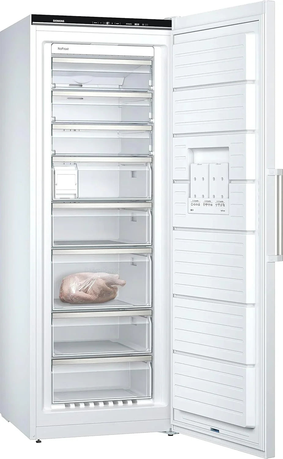 Congelador Siemens GS54NAWCV iQ500, 176 x 70 cm, 327 L, noFrost nunca más volver a descongelar, bigBox espacio para alimentos congelados grandes, varioZone estantes y cajones de cristal flexibles, Blanco
