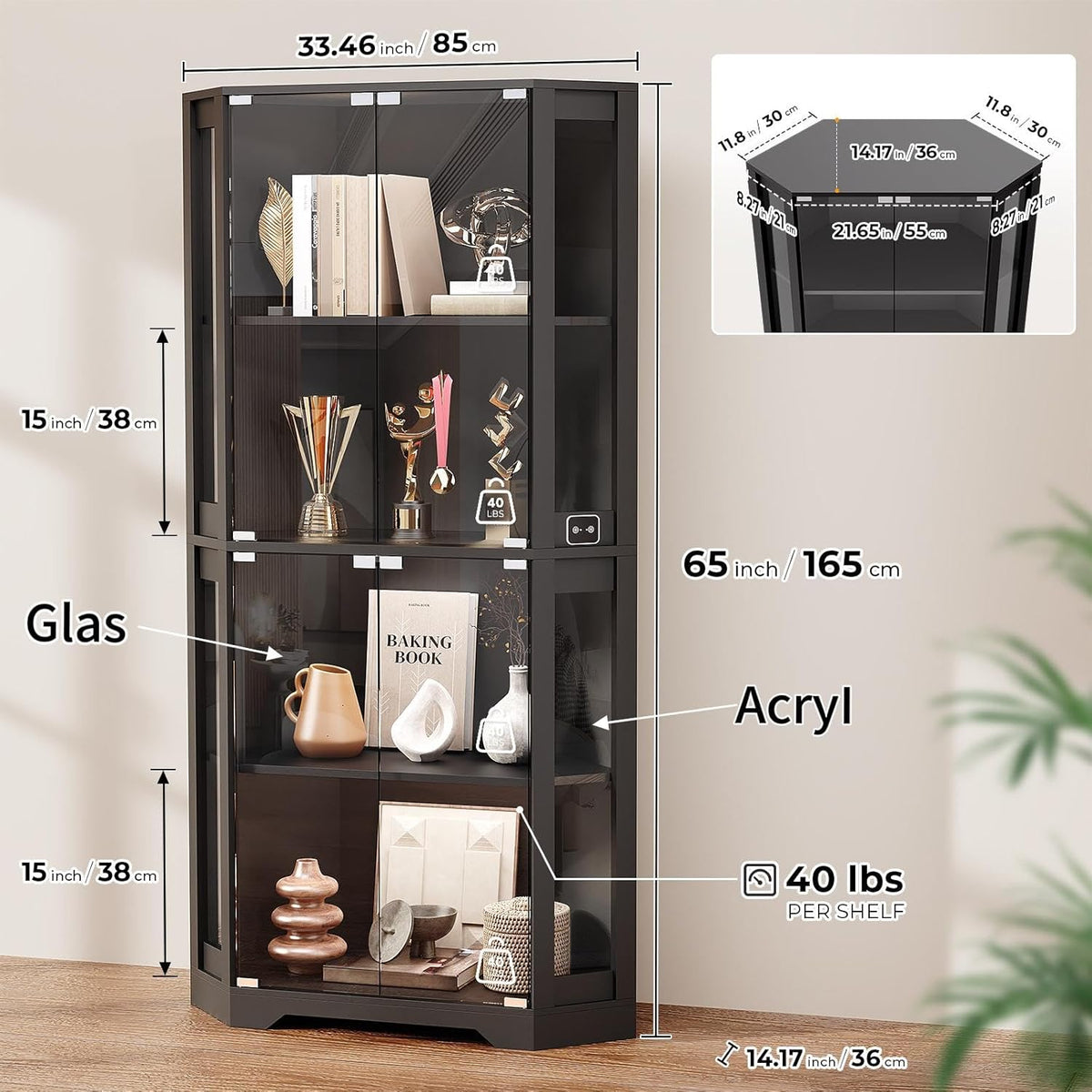 Vitrina esquinera BROTTAR con puertas de cristal, estantería esquinera alta de 165 cm con iluminación LED de 3 colores, armario expositor de 4 niveles con sensor inteligente para salón, dormitorio u oficina, negro