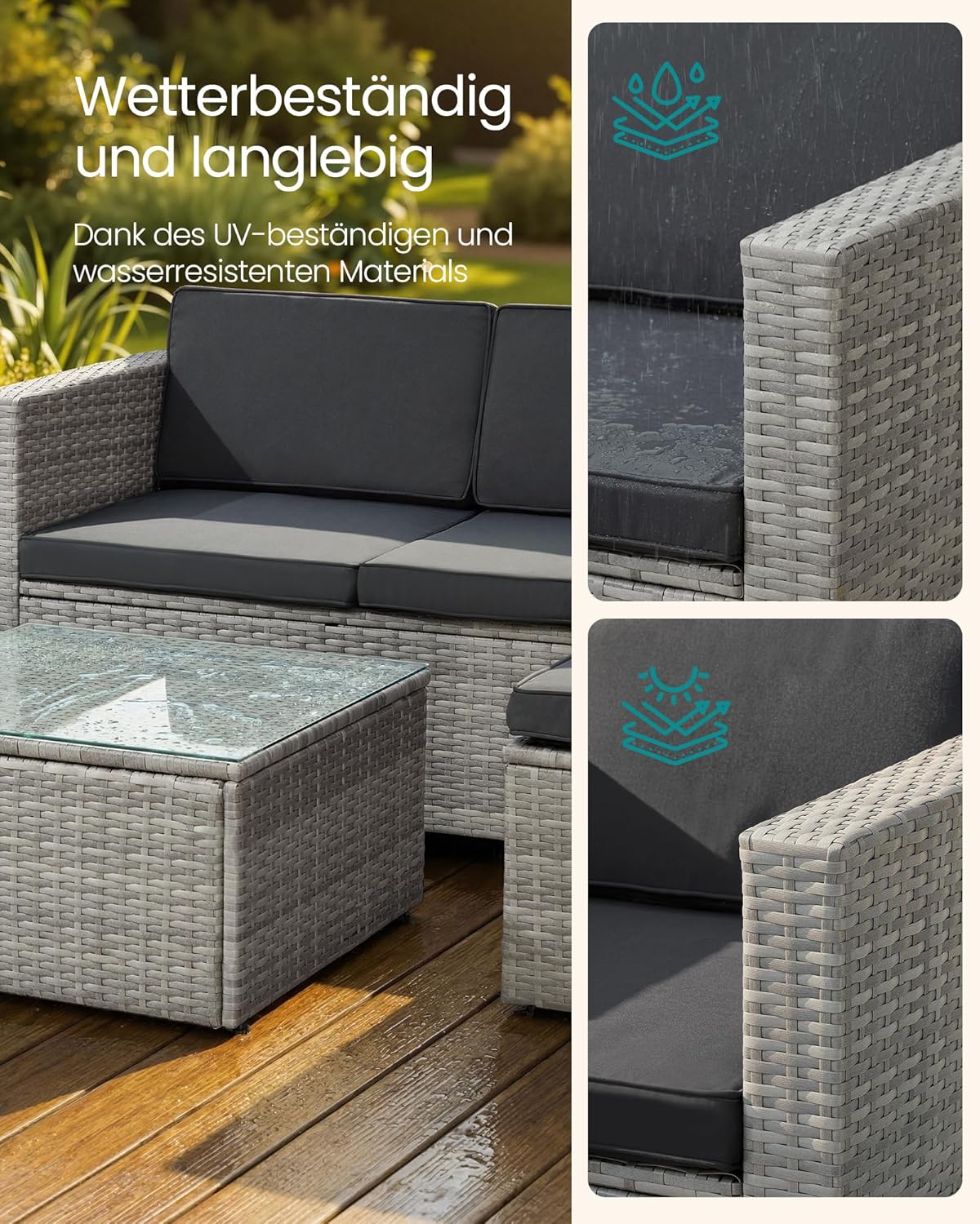 Set de muebles de jardín SONGMICS, muebles de balcón de ratán sintético PE, muebles de terraza, sofá esquinero, exterior, ratán tejido a mano, conjunto lounge, con cojines y mesa de cristal, gris GGF005G05
