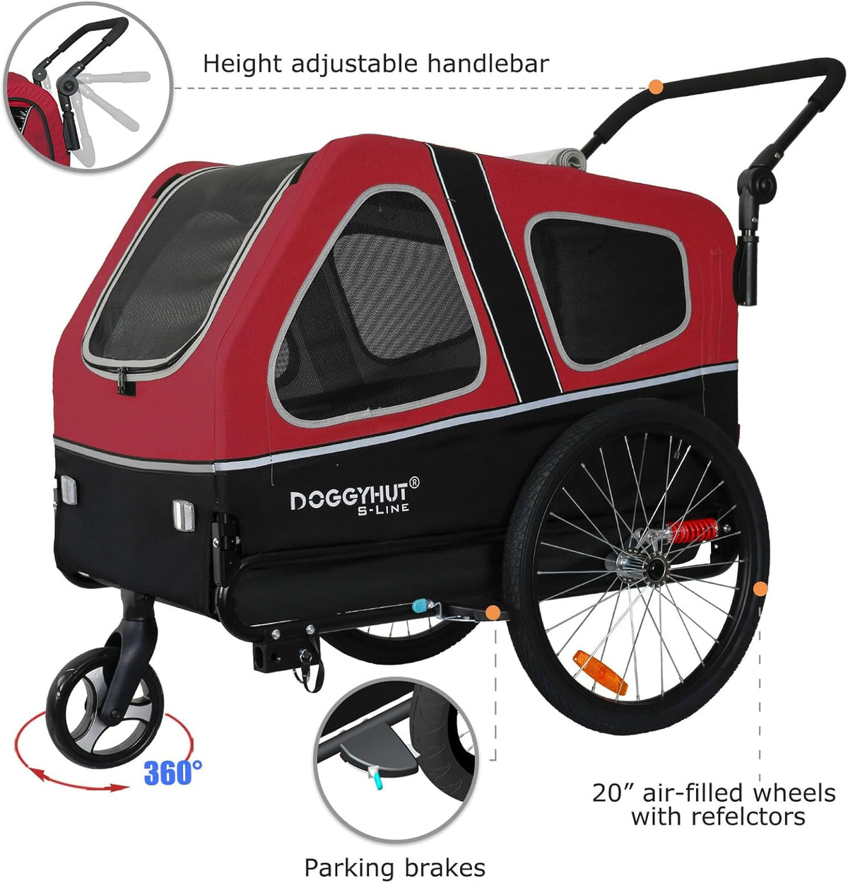 Doggyhut S-Line XL Remolque y cochecito para perros con suspensión 2 en 1, remolque de bicicleta para perros y jogger con suspensión hasta 45 kg