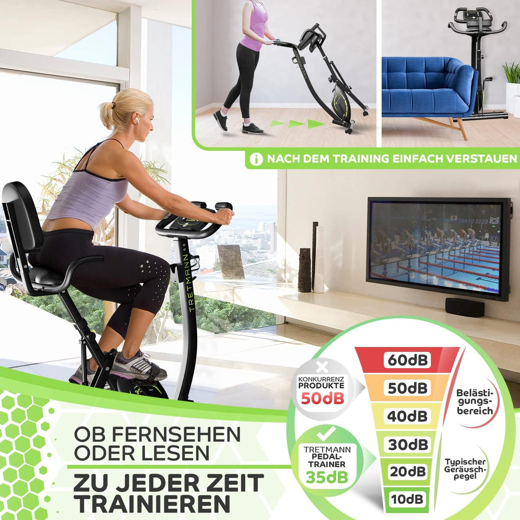 Tretmann NUEVA Bicicleta estática plegable 3 en 1 - extra silenciosa y cómoda - [SoftFoam] probada por DEKRA - con acceso bajo, bicicleta ergómetro para el hogar, bicicletas de fitness plegables