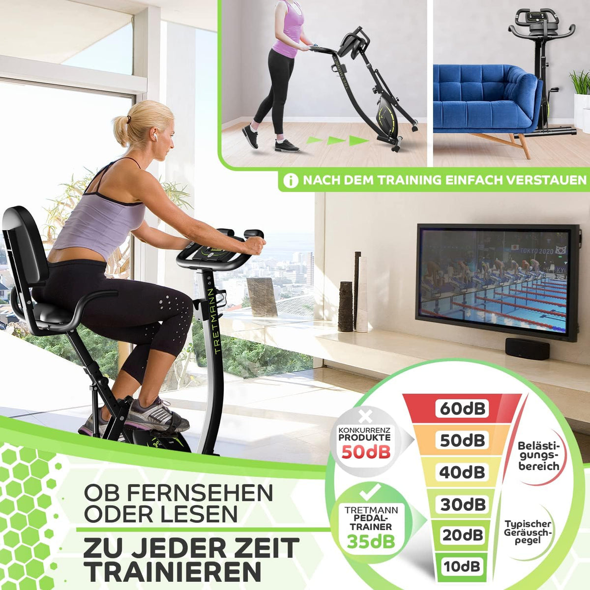 Tretmann NUEVA Bicicleta estática plegable 3 en 1 - extra silenciosa y cómoda - [SoftFoam] probada por DEKRA - con acceso bajo, bicicleta ergómetro para el hogar, bicicletas de fitness plegables
