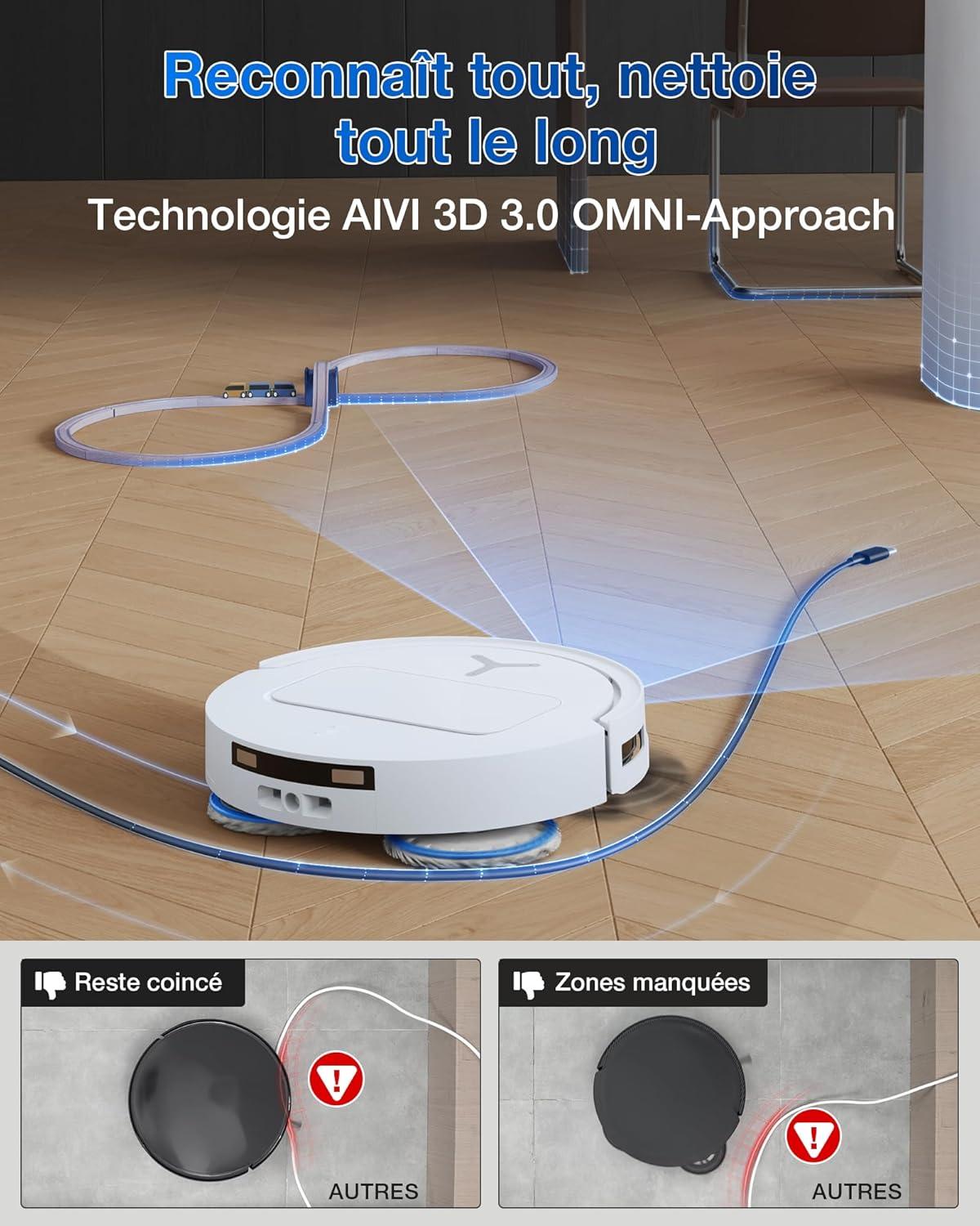 Robot aspirador ECOVACS T50 Pro Omni, 15000Pa mejorado respecto al T30 Pro Omni, cepillo lateral y mopa extensibles, adición automática de solución de limpieza, lavado con agua caliente a 75℃, blanco