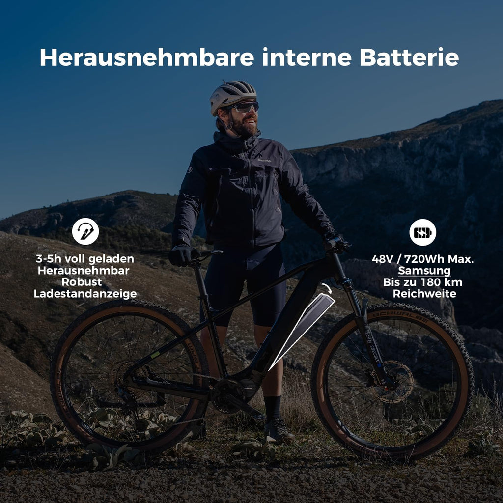 DERUIZ Dolomit E-Bike 29 pulgadas, bicicleta eléctrica para hombre y mujer con freno de disco hidráulico, motor central de 250 W y 110 Nm, batería de 48 V y 720 Wh, autonomía de hasta 180 km, bicicleta de montaña eléctrica todoterreno, 11 velocidades