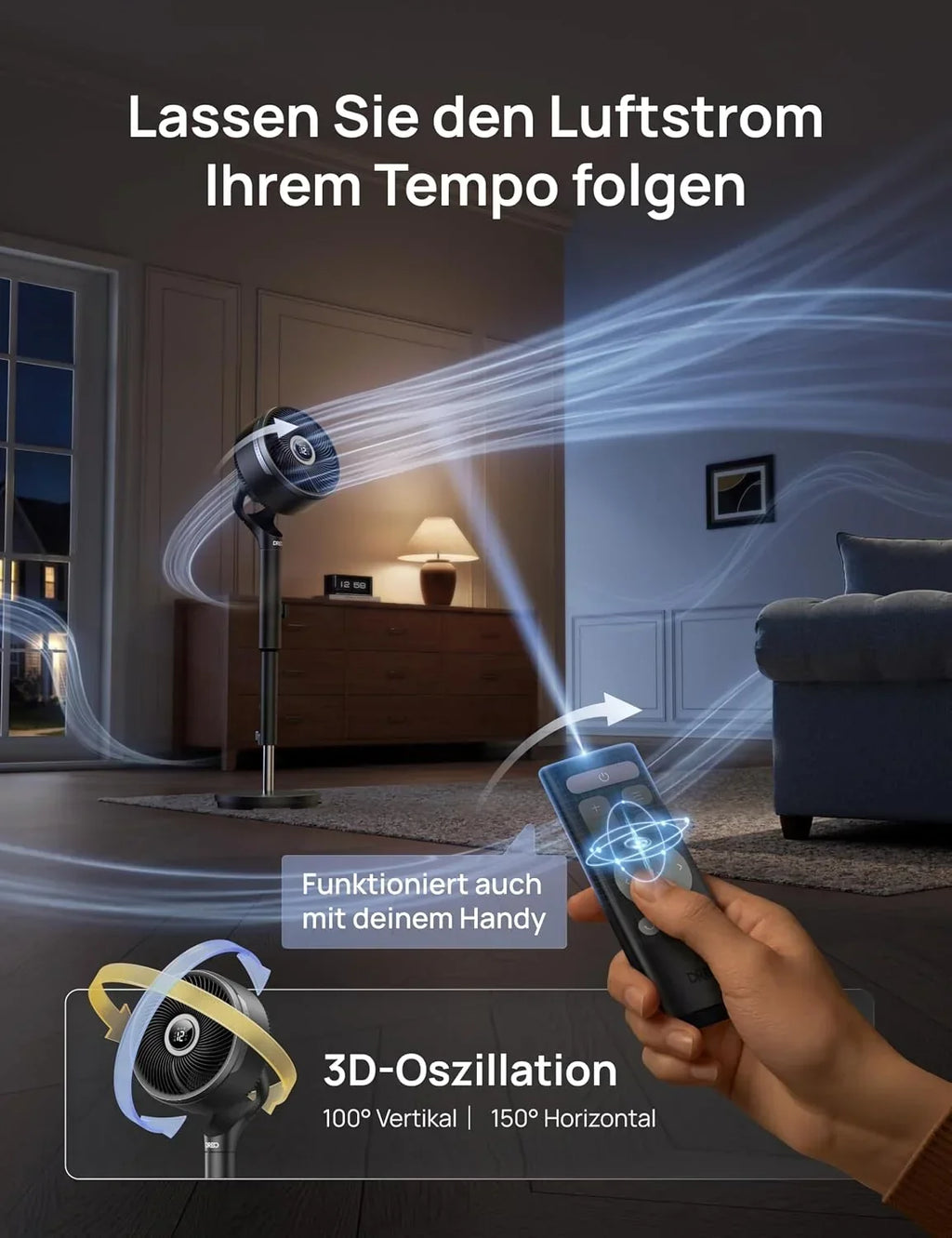 Ventilador de pie, oscilación 3D, 12 niveles, 6 modos, motor de CC silencioso con mando a distancia, temporizador, 20 dB, modelo DR-HPF015S