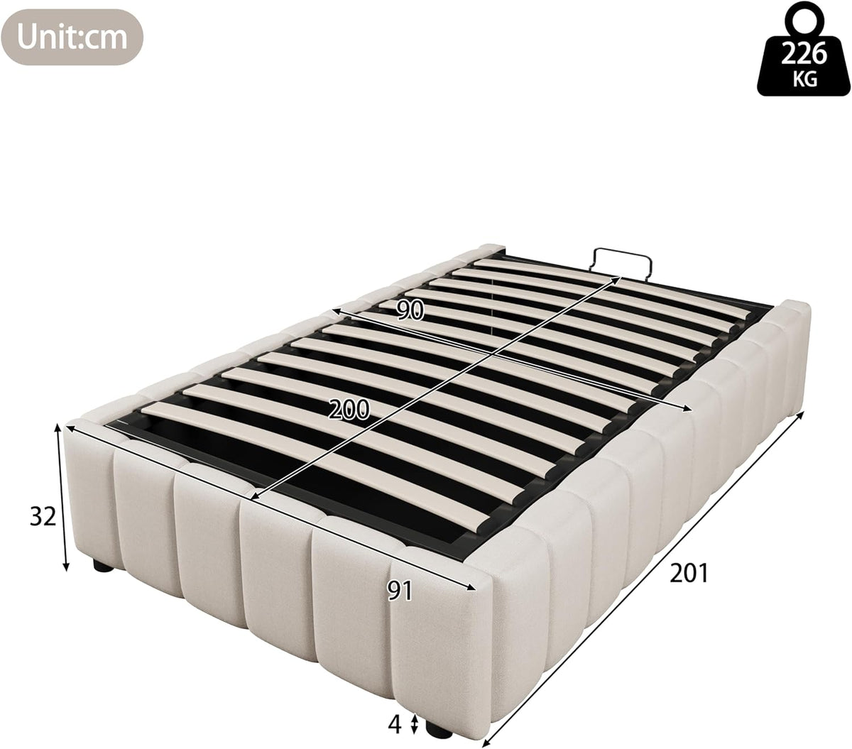 Cama tapizada 90x200, cama individual con espacio de almacenamiento y somier, sin cabecero, marco de cama con arcón hidráulico, cama con almacenaje hidráulico, estructura de cama, cama juvenil, lino, sin colchón, beige