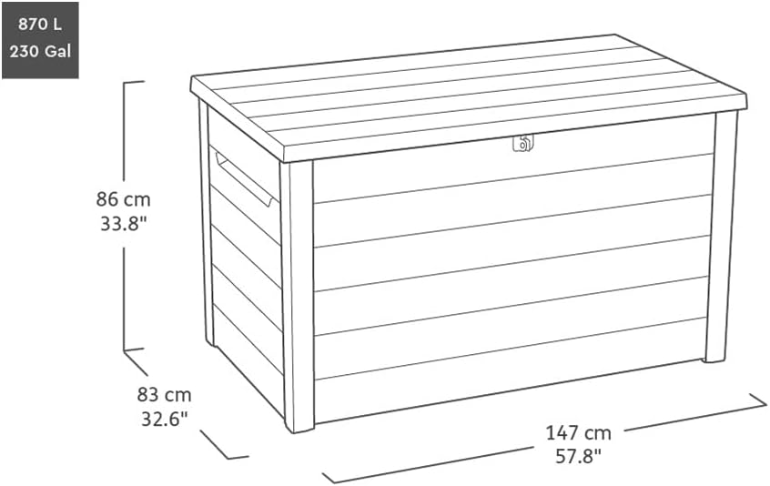 Baúl de almacenamiento Keter Ontario 870 litros | 100 % impermeable con ventilación para evitar malos olores y moho | Diseño moderno efecto madera | Tapa con pistones de gas