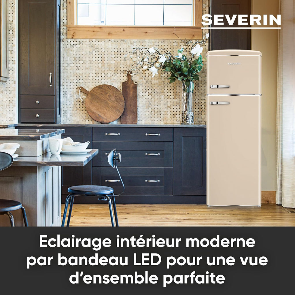 Severin Frigorífico Congelador de 2 puertas, Independiente, Frigorífico de Doble Puerta con Congelador, Anchura 55 cm, 246 L, Clase D, Estilo Retro, Crema, RKG 8985