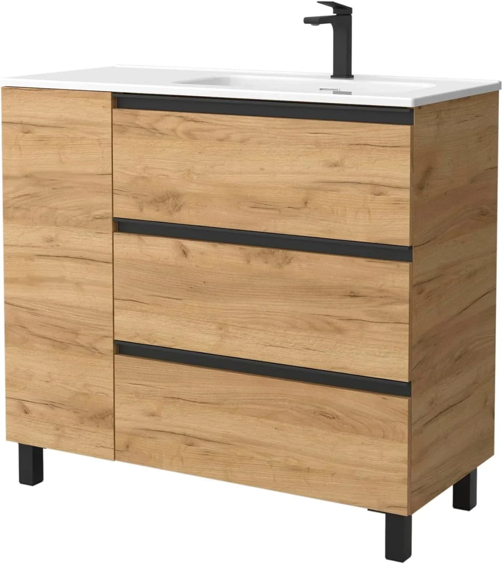 Mueble de baño BEQUIA Plus Metal 3 cajones 90 cm Roble | Lavabo porcelana grifo derecha