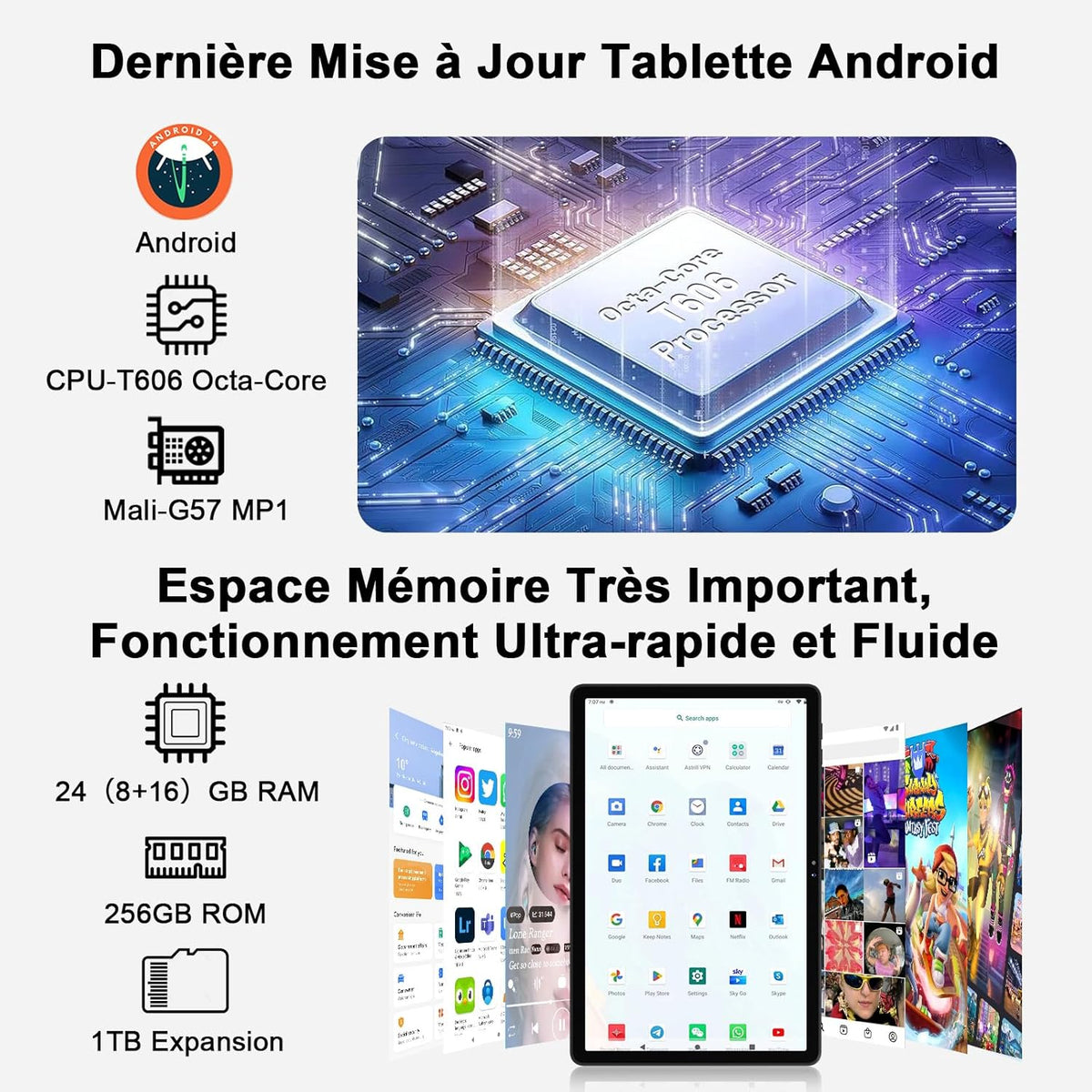 Tableta Android de 11 pulgadas con 24 GB de RAM y 256 GB de ROM (TF/2 TB), procesador Octa-Core de 2,0 GHz, WiFi 2,4G/5G, Bluetooth 5.0, Widevine L1, 8000 mAh, 5 MP + 13 MP, FHD 1280 x 800 píxeles, pantalla táctil con funda - Negro
