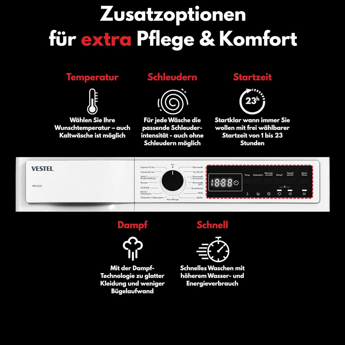 Lavadora VESTEL WMI 86341 8 kg de carga frontal – 1400 rpm, clase de eficiencia energética A, motor inverter, función de vapor, AquaStop, silenciosa, de libre instalación, blanco