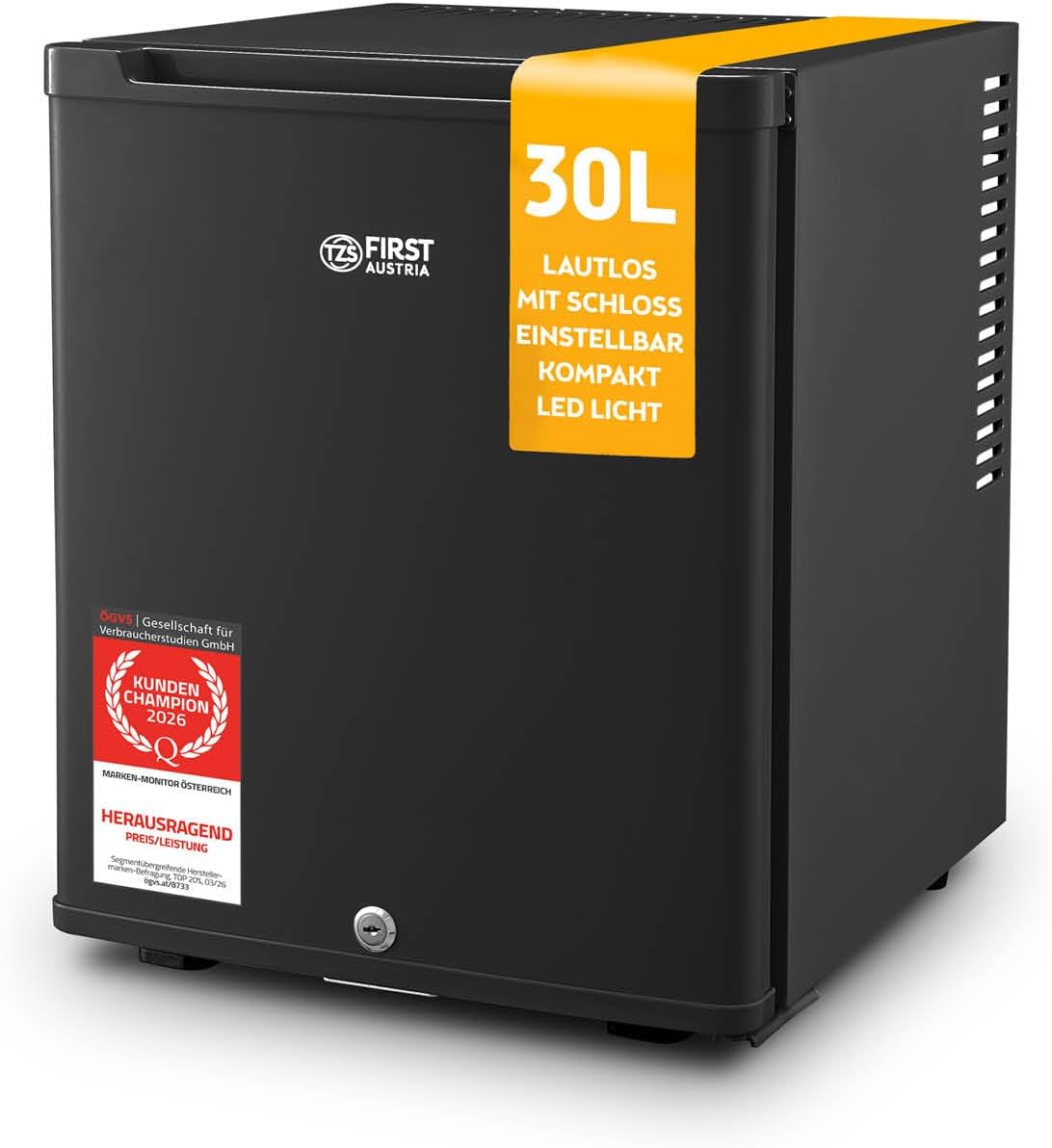TZS First Austria - Mininevera de 30L completamente silenciosa - Pequeño minibar, puerta reversible e iluminación interior - Mininevera para camping, oficina, dormitorio y hotel - Negro mate