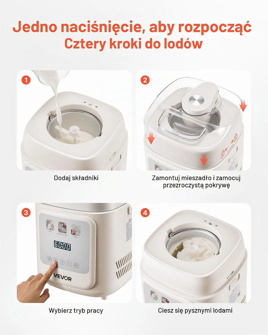 VEVOR automatyczna maszyna do lodów z wbudowaną kompresorem, 1 l, bez wstępnego zamrażania, lodów i kostkarka do lodu, z 4 trybami, elektryczna maszyna do lodu, maszyna do sorbetów jogurtowych, biała