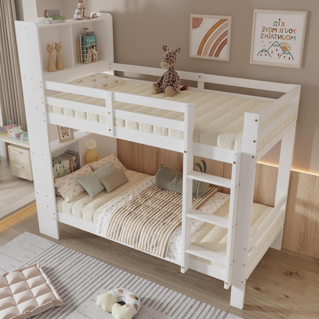 Cama infantil de 90x200 con estantes y escalera, cama funcional litera para 2 niños, litera cama alta juvenil con almacenamiento y somier, cama juvenil con marco de madera maciza, sin colchón, blanca