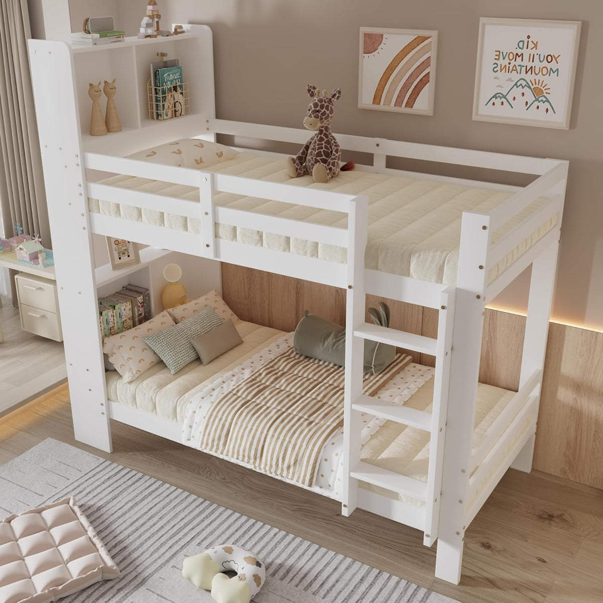Cama infantil de 90x200 con estantes y escalera, cama funcional litera para 2 niños, litera cama alta juvenil con almacenamiento y somier, cama juvenil con marco de madera maciza, sin colchón, blanca