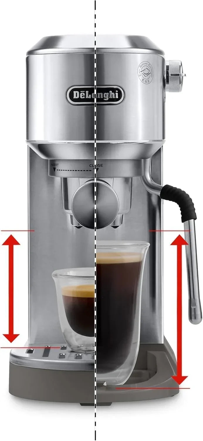 De'Longhi Dedica – Cafetera de bomba de acero inoxidable para café molido o monodosis, espresso y capuchino, depósito de 1,3 litros, sistema antigoteo, modelo EC685.M, color metal