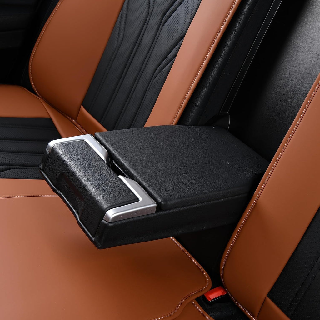 Fundas de asiento trasero FLORICH, fundas de asiento de coche de piel, protector de asiento trasero impermeable, cojín de asiento universal para la mayoría de coches, camionetas y SUV - Marrón y negro