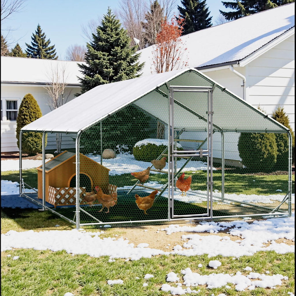 Gallinero de metal con recinto exterior y techo CC3X4X2, 3x4x2 m, resistente a la intemperie, para 10 a 20 gallinas, incluye escalera de descanso y accesorios
