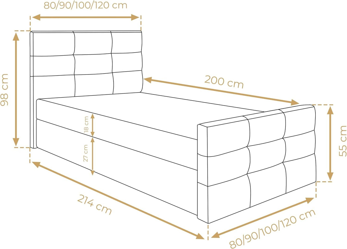 Cama con canapé 100x200 cm, cama tipo boxspring gris Argentaro