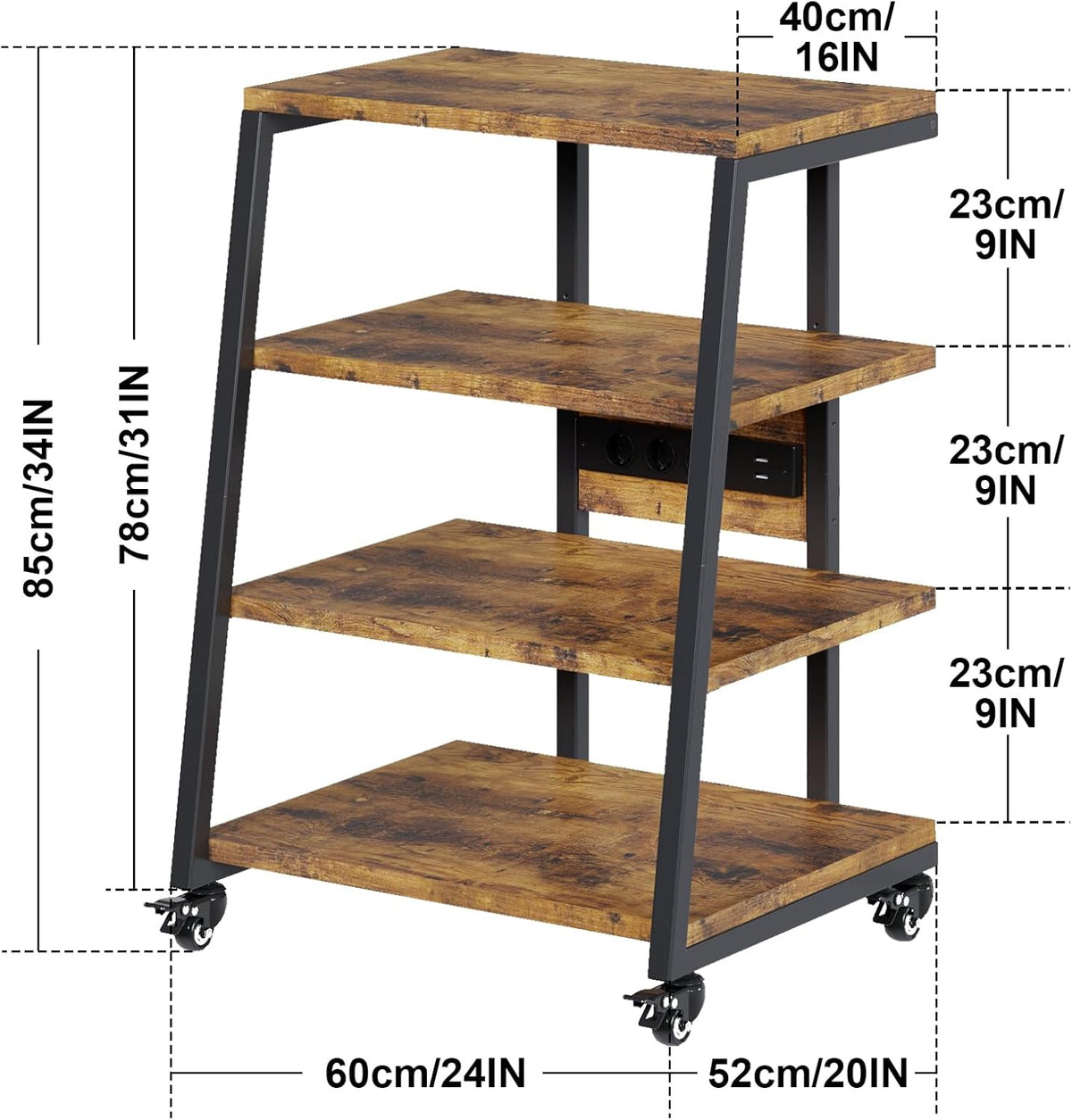 Rack HiFi de madera de 4 niveles con regletas y estante ajustable | Mesa para tocadiscos con ruedas y luces LED, estante para sistema estéreo, soporte multimedia para audio, equipos de sonido, TV, 60x52x78 cm