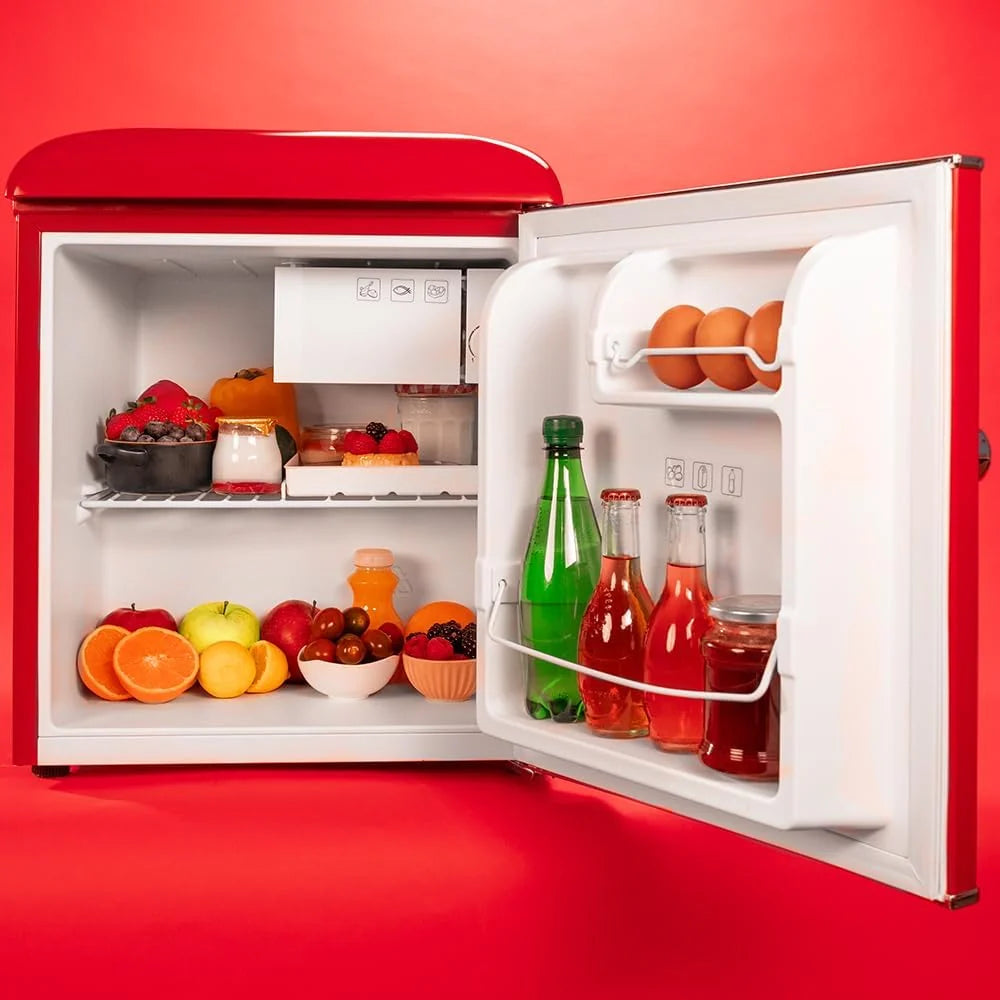 Cecotec Mini lodówka - lodówka retro 45 l Bolero CoolMarket TT Origin 45 Red. 55 cm wysokości i szerokości 44,7 cm, klasa energetyczna E, lodówka i chromowany uchwyt, czerwony