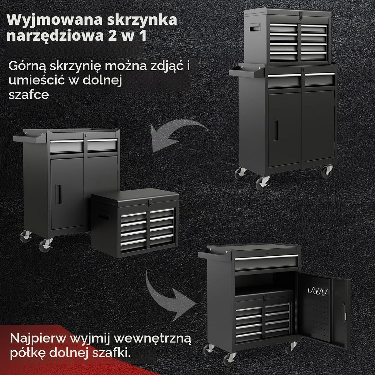 COSTWAY Wózek warsztatowy 2 w 1 z walizką i 8 półkami i haczykami i regulowanym regałem, wózek narzędziowy zamykany na kółkach bez narzędzi, profesjonalny wózek warsztatowy metalowy udźwig 100 kg, 59