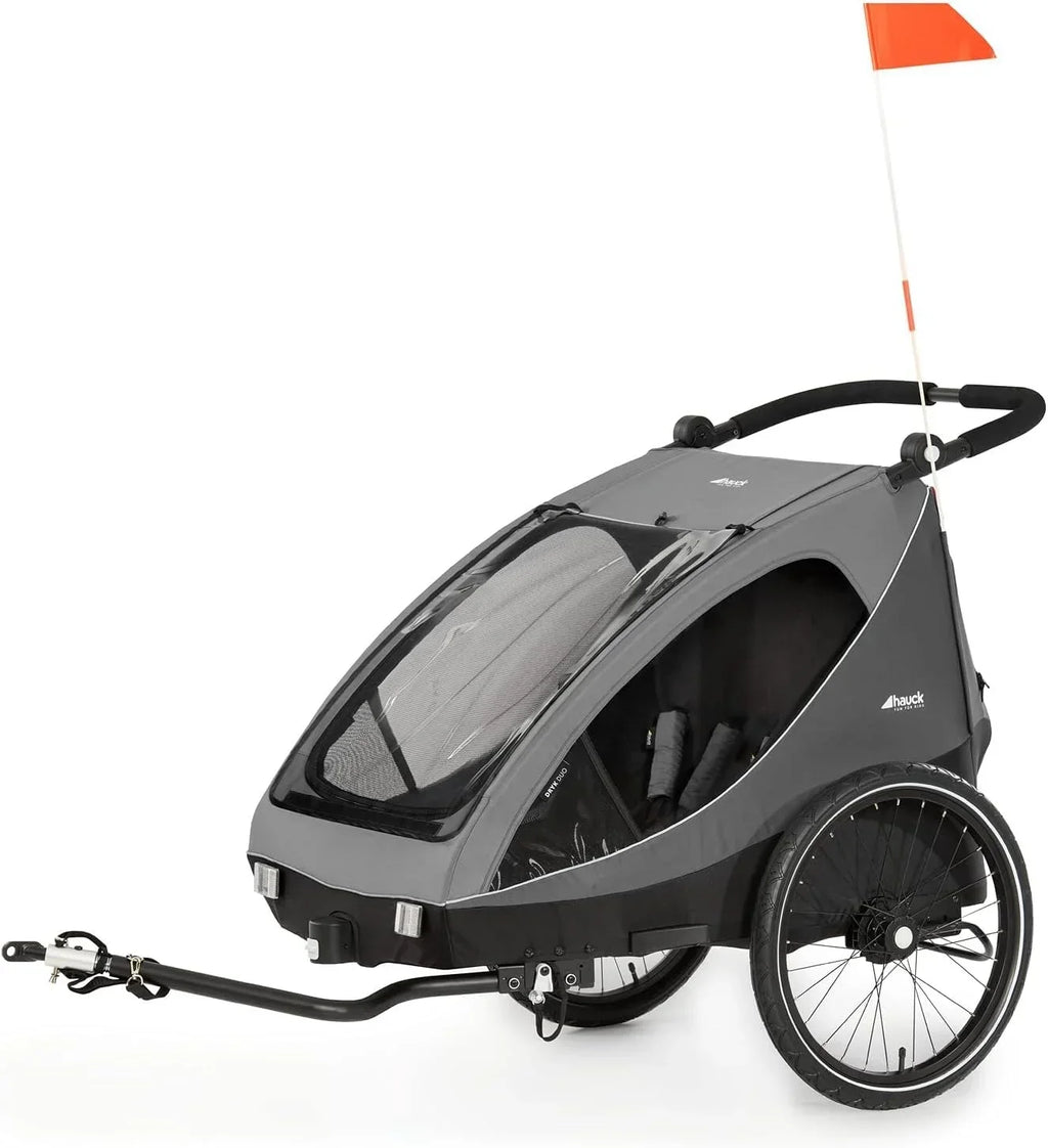 Remolque infantil para bicicleta Dryk Duo 2 en 1, remolque y cochecito para 2 niños, plegable, con barra de tiro y bandera de seguridad