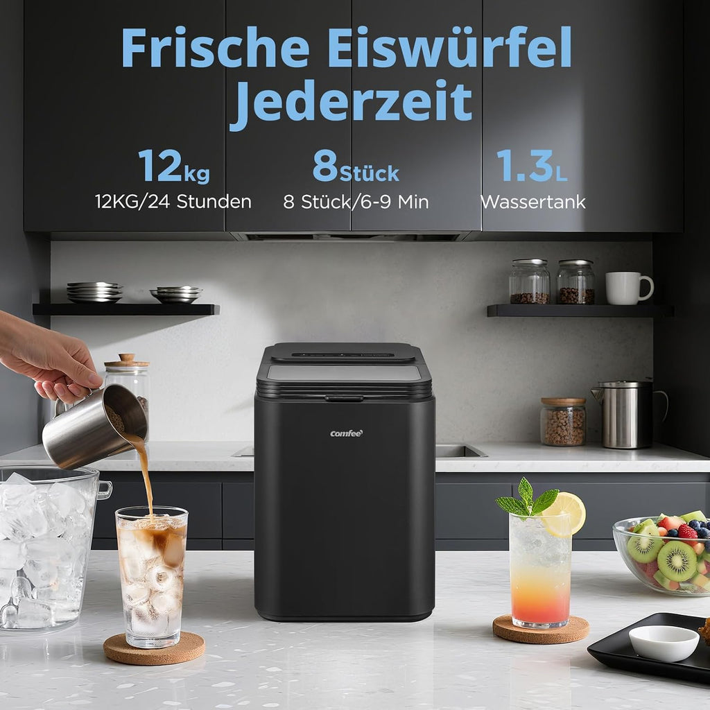 Máquina de hielo Comfee' RCI12BL1EU(E), 8 cubitos en 6 min, 12 kg/24 h, depósito de agua de 1,3 l, función de autolimpieza, máquina de hielo compacta en forma de bala, incluye pala y cesta para el hogar – Negro