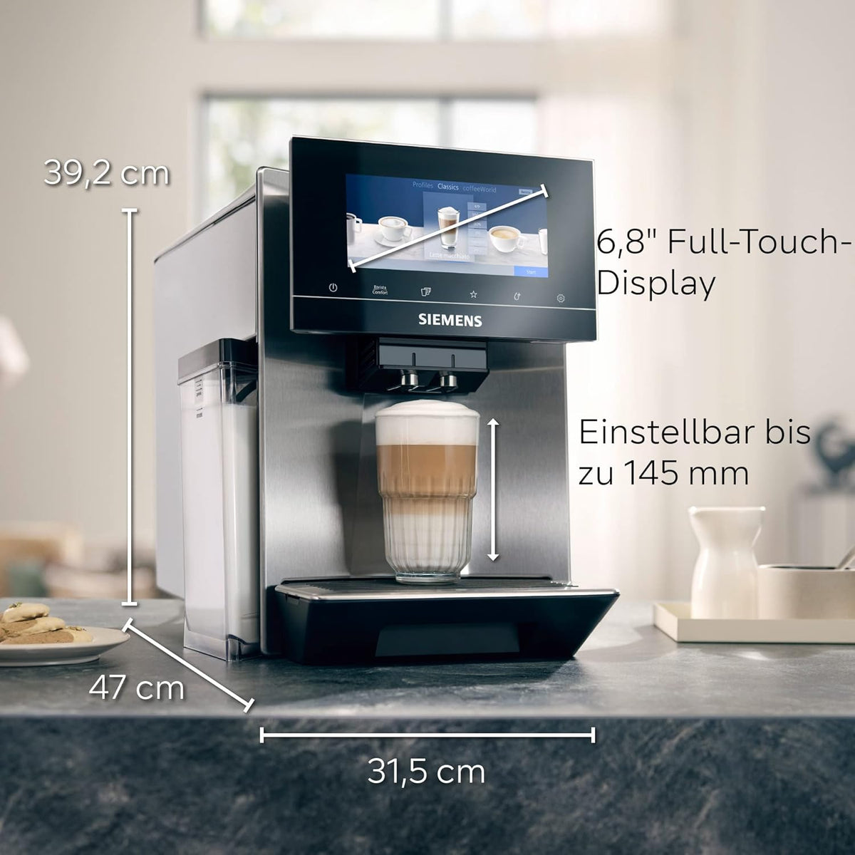Cafetera superautomática Siemens EQ900 TQ903D03, control por app, pantalla táctil intuitiva, modo barista, AromaBoost, reducción de ruido, molinillo premium, limpieza automática con vapor, 1500 W, acero inoxidable