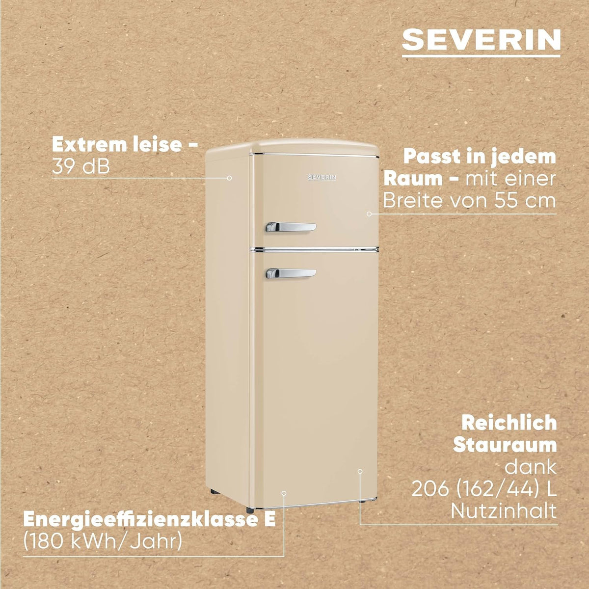 SEVERIN Retro - Frigorífico combi, compacto y eficiente, 4 estantes ajustables en altura y una gran cajonera para verduras, 206 L de capacidad útil, color crema, RKG 8933