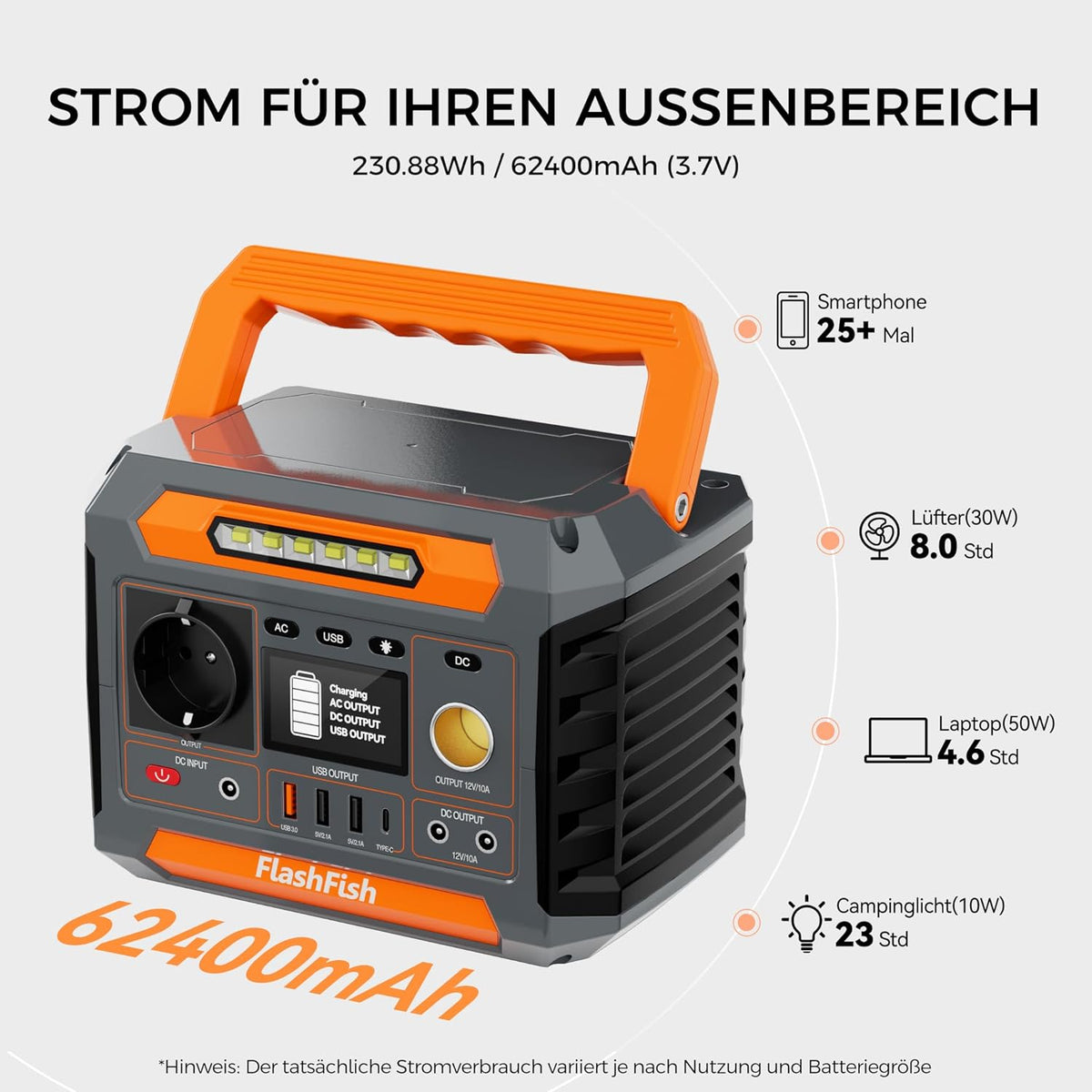Estación de energía portátil FlashFish de 230Wh con panel solar de 60W, generador solar de 300W (pico de 600W) con 2 puertos CC, 4 puertos USB, luces LED, generador de emergencia para camping, viajes y cortes de energía