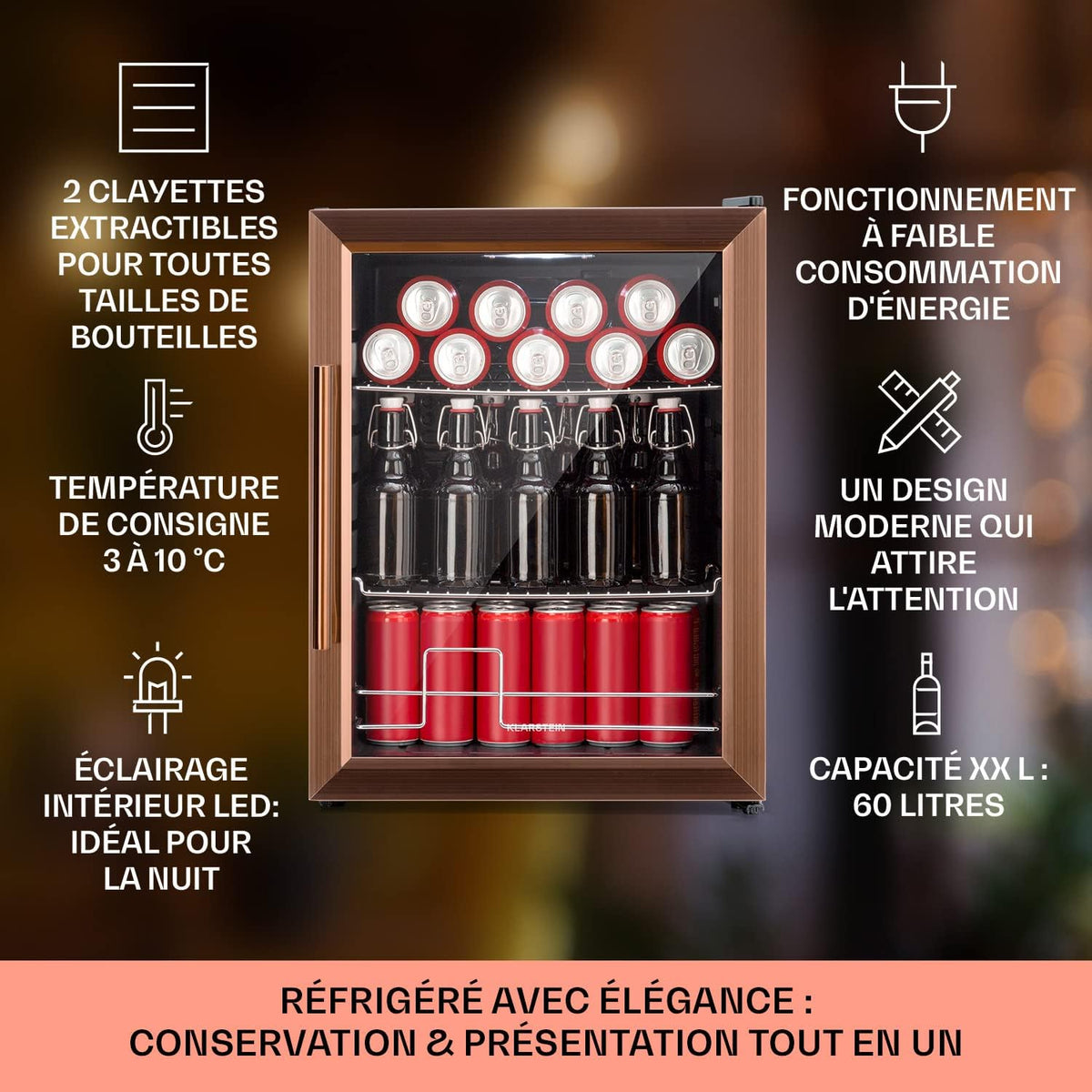 Mininevera KLARSTEIN de 60 L para bebidas y cerveza, frigorífico pequeño y silencioso, minibar interior/exterior, nevera pequeña para camping, almacenamiento de vinos, cosméticos, estantes ajustables, 3-10 °C