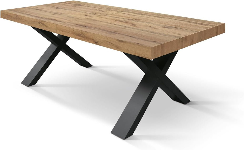 Mesa extensible PAZZO DESIGN Elisa, mesa para salón o cocina, patas en cruz X negras, fabricada en Italia, roble rústico, 160x90x76 cm - id_1997