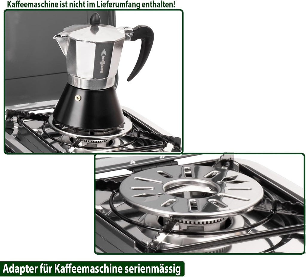 BRUNNER: Hornillo de camping de mesa 2 en 1 de 2 fuegos de acero inoxidable, barbacoa de gas y cocina de gas - POWERKOOK 50mbar con 1 cacerola + 1 plancha - con regulador de gas y manguera de gas