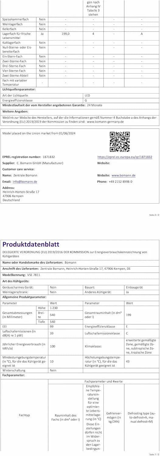 Bomann, Lodówka do zabudowy 199L biała VSE7811 z oświetleniem LED, sterowanie elektroniczne, super chłodzenie, alarm dźwiękowy, 4 szklane półki, szuflada na warzywa, wymiary 122x54x54 cm