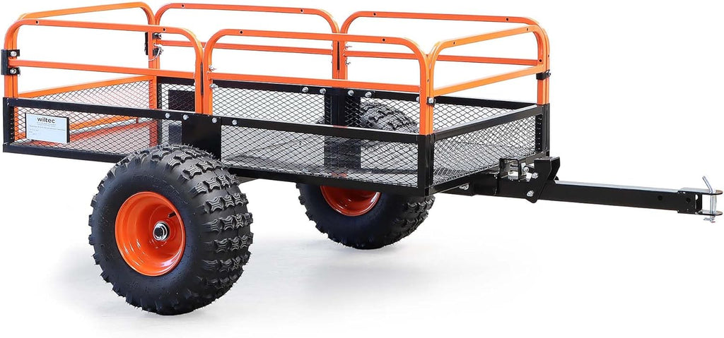 Remolque basculante Wiltec de hasta 680 kg para tractor cortacésped, remolque volquete de 216 x 122 x 76,2 cm con rejilla y paredes laterales extraíbles, remolque con función de vuelco