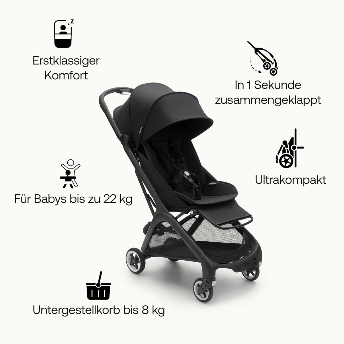 Cochecito de viaje ultracompacto Bugaboo Butterfly, pequeño y ligero, plegable con una sola mano y fácil de maniobrar, cochecito urbano ergonómico para bebés a partir de 6 meses, con mucho espacio de almacenamiento, Stormy Blue