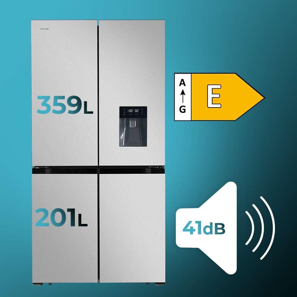 Frigorífico americano Cecotec 4 puertas acero inoxidable 564 L Bolero CoolMarket 4D 564 Inox E. 183 cm de alto, 91 cm de ancho, dispensador de agua, bajo consumo, motor Inverter Plus, Total NoFrost