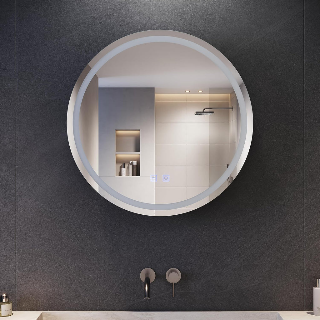 SONNI Armario de baño con espejo e iluminación, 3 colores de luz ajustables, antivaho, armario de baño redondo con enchufe, armario de baño con espejo y estante, botiquín 60 cm gris oscuro
