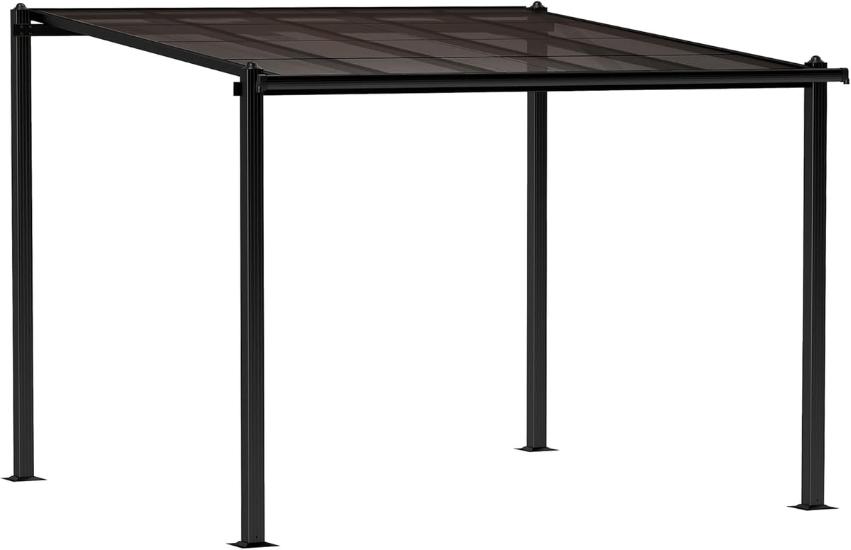 Pérgola de jardín Outsunny para exteriores de aluminio, 3 x 3 m, pérgola adosada con techo de policarbonato impermeable, sistema de drenaje, cenador con protección solar UPF30+ para terraza, patio y jardín, gris