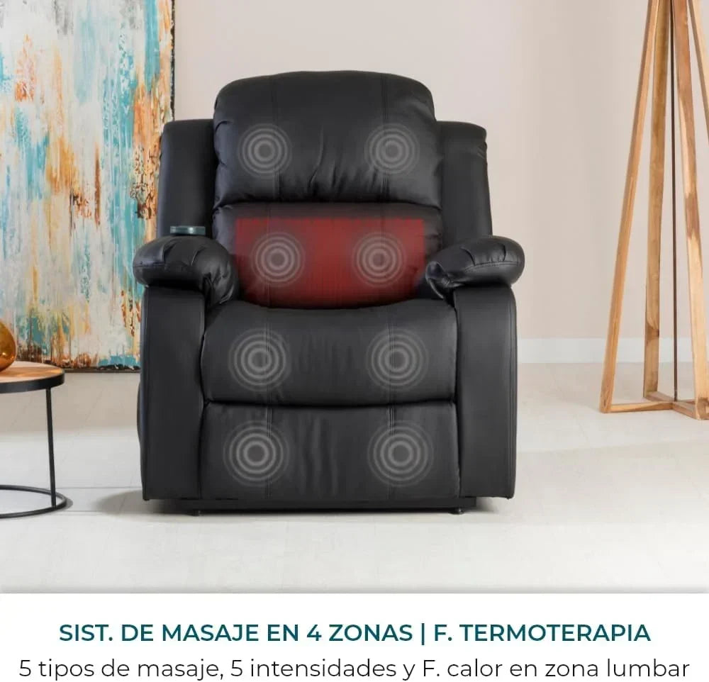 Don Descanso - Sillón Relax Masaje Calor Trevi Negro Reclinable 160º con 8 Motores Silenciosos, Calor Lumbar, Sistema de Masaje de 4 Zonas y Acabado en PU Anti-Cuarteo [Incluye Mando]. Ideal para Personas Mayores